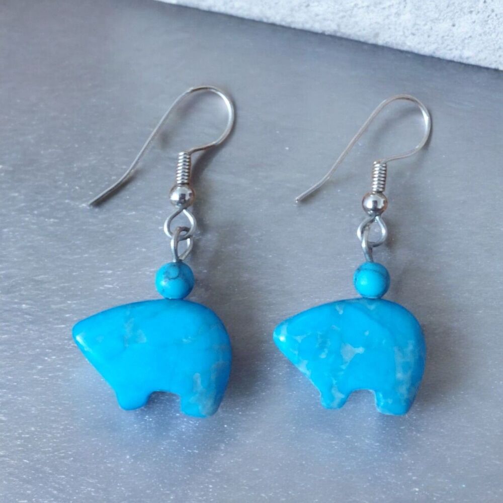 Zuni Bear Drop Earrings Faux Turquoise